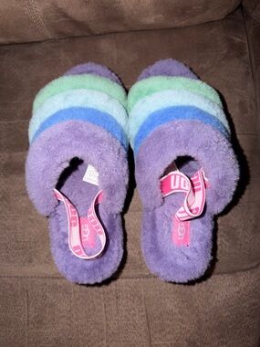 UGG Multicolor Fluffy Slide Slippers in Purple, Blue & Mint